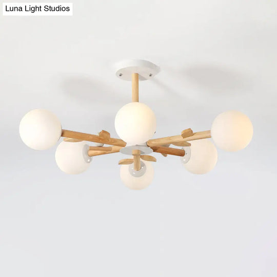 Nordic Wood Radial Chandelier? With White Glass Shade And Bird Decor - Perfect For Bedroom Semi -