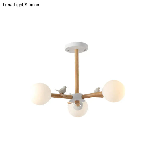 Nordic Wood Radial Chandelier? With White Glass Shade And Bird Decor - Perfect For Bedroom Semi -