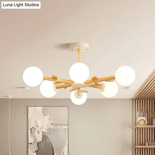 Nordic Wood Radial Chandelier With White Glass Shade And Bird Decor - Perfect For Bedroom Semi-Mount