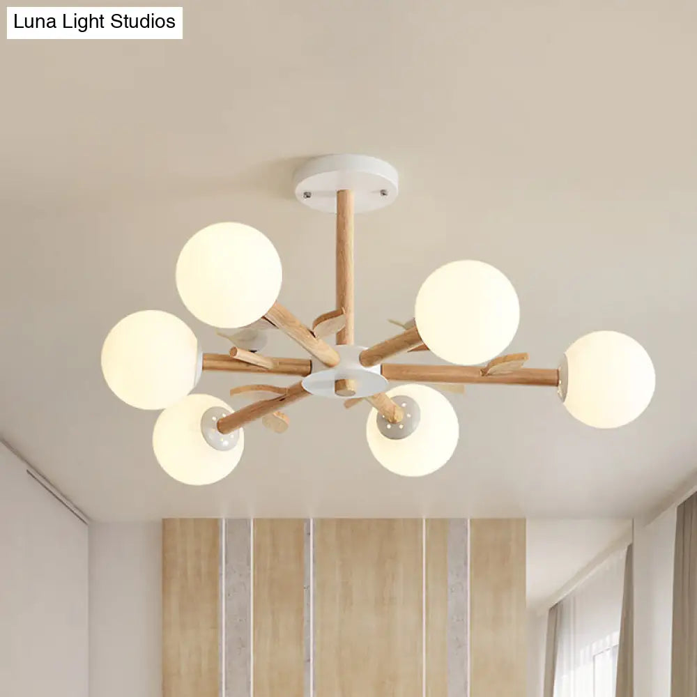 Nordic Wood Radial Chandelier With White Glass Shade And Bird Decor - Perfect For Bedroom Semi-Mount