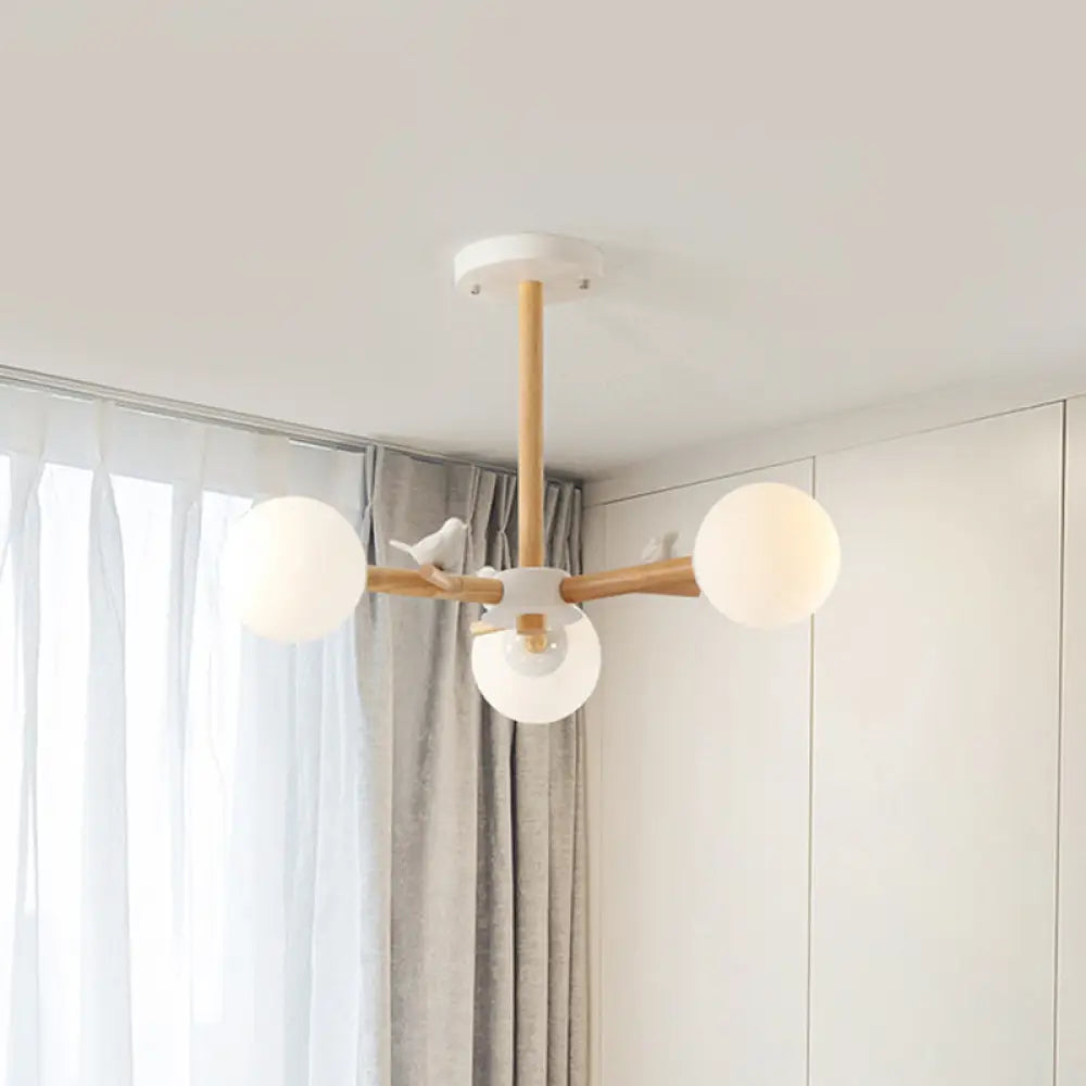 Nordic Wood Radial Chandelier? With White Glass Shade And Bird Decor - Perfect For Bedroom Semi -
