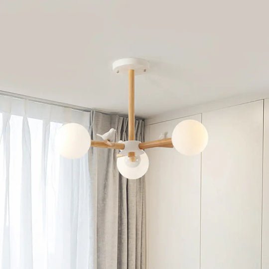 Nordic Wood Radial Chandelier? With White Glass Shade And Bird Decor - Perfect For Bedroom Semi -