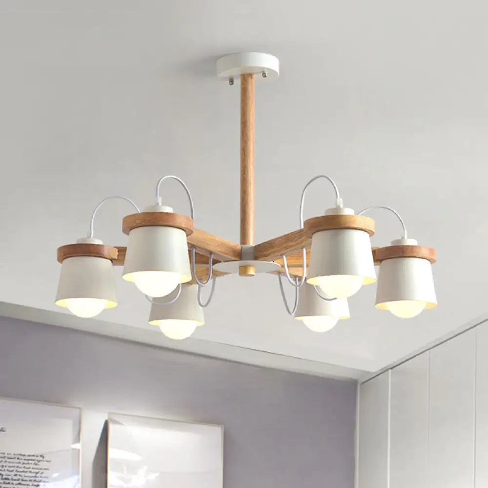 Nordic Wood Semi Flush Ceiling Mount Chandelier With Barrel Lampshade - 6 Bulbs Wheel Style White