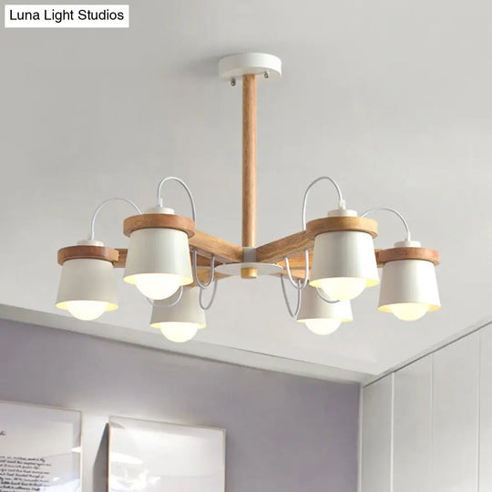 Nordic Wood Semi Flush Ceiling Mount Chandelier With Barrel Lampshade - 6 Bulbs Wheel Style White