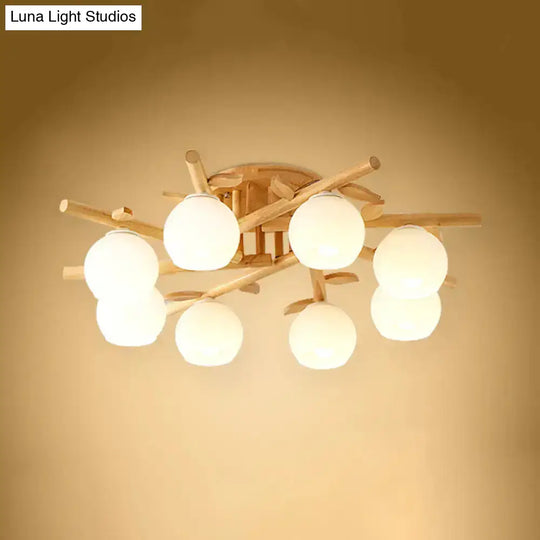 Nordic Wood Semi Flush Light With Cream Glass Sphere And Branch-Like Decor