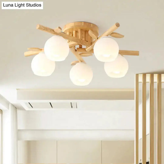 Nordic Wood Semi Flush Light With Cream Glass Sphere And Branch-Like Decor