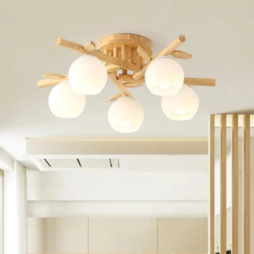 Nordic Wood Semi Flush Light With Cream Glass Sphere And Branch-Like Decor 5 / Warm