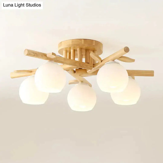 Nordic Wood Semi Flush Light With Cream Glass Sphere And Branch-Like Decor