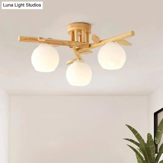 Nordic Wood Semi Flush Light With Cream Glass Sphere And Branch-Like Decor