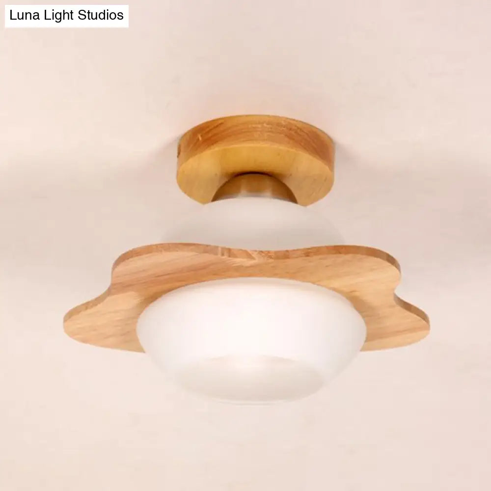 Nordic Wood Semi Flush Mount Ceiling Fixture: Cream Glass Flower Corridor Lighting With 1 - Light
