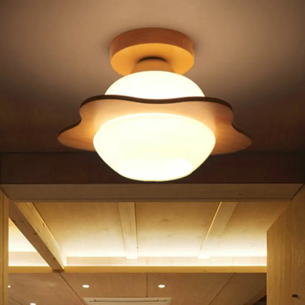 Nordic Wood Semi Flush Mount Ceiling Fixture: Cream Glass Flower Corridor Lighting With 1 - Light