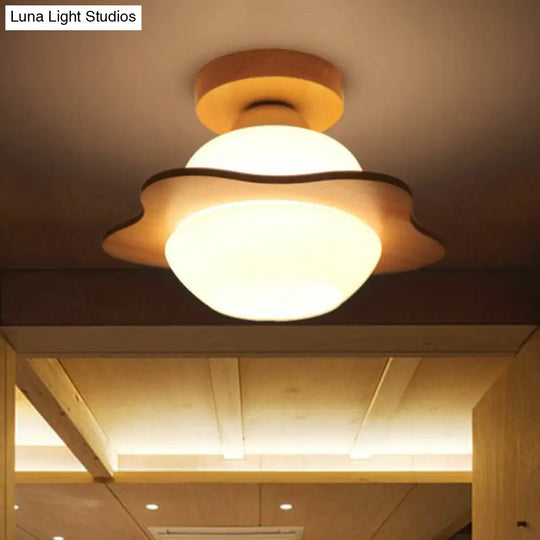 Nordic Wood Semi Flush Mount Ceiling Fixture: Cream Glass Flower Corridor Lighting With 1-Light