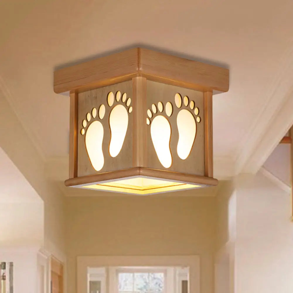 Nordic Wood Square Close To Ceiling Light - 10’ W Flush Mount Fixture With Footprints For Dining