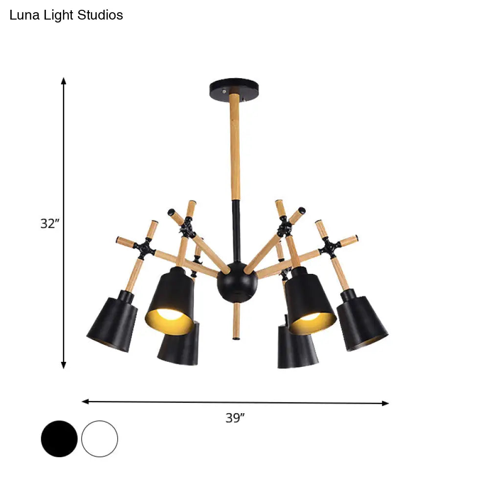Nordic Wood Swing Arm Chandelier With 6 Bulbs And Conic Lamp Shade In Black/White