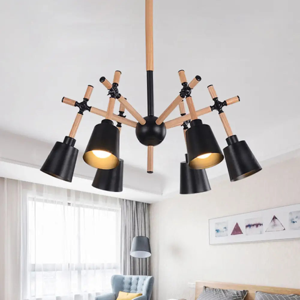 Nordic Wood Swing Arm Chandelier With 6 Bulbs And Conic Lamp Shade In Black/White Black
