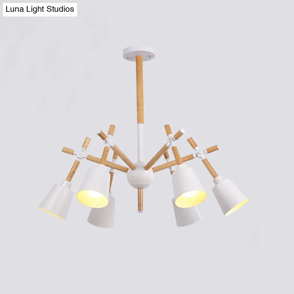 Nordic Wood Swing Arm Chandelier With 6 Bulbs And Conic Lamp Shade In Black/White