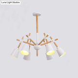 Nordic Wood Swing Arm Chandelier With 6 Bulbs And Conic Lamp Shade In Black/White