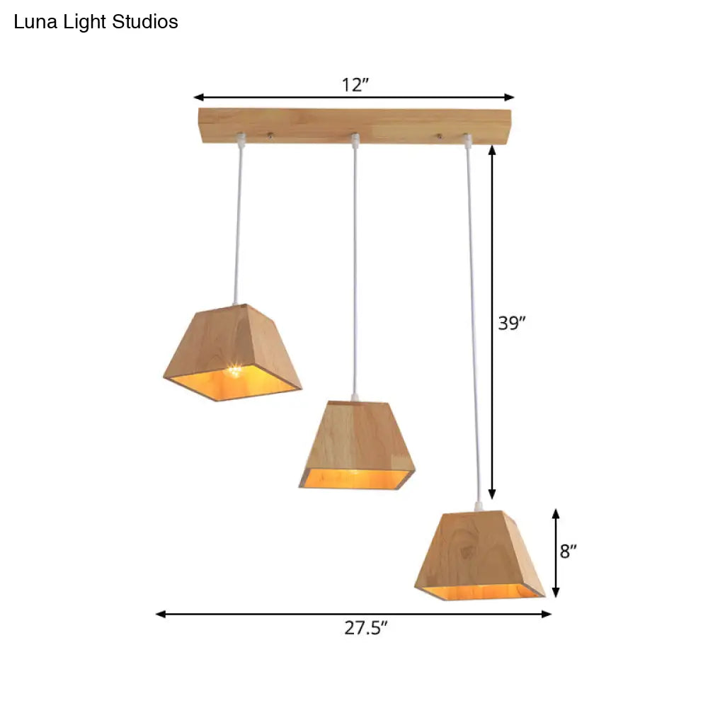 Nordic Wood Trapezoid Pendant With Height Adjustable Multi-Light - 3-Head Ceiling Hanging Fixture