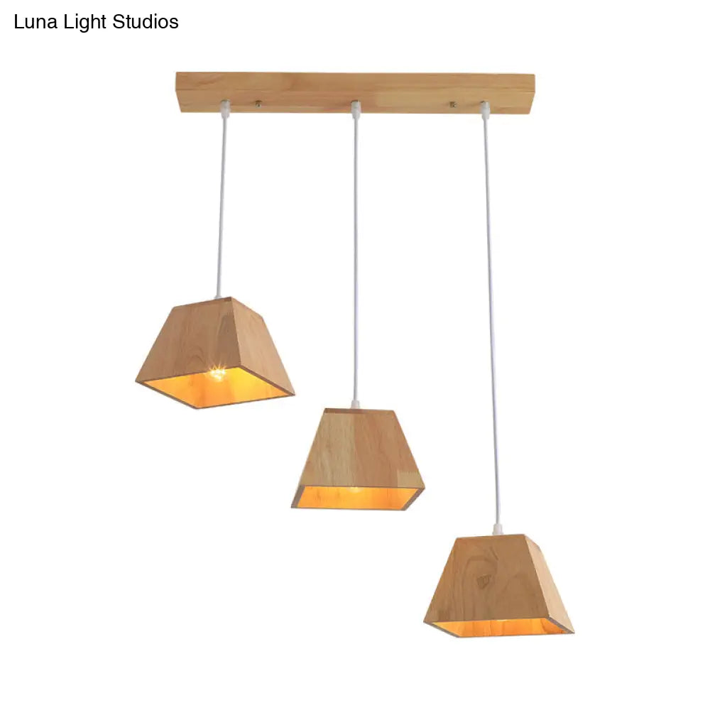 Nordic Wood Trapezoid Pendant With Height Adjustable Multi-Light - 3-Head Ceiling Hanging Fixture