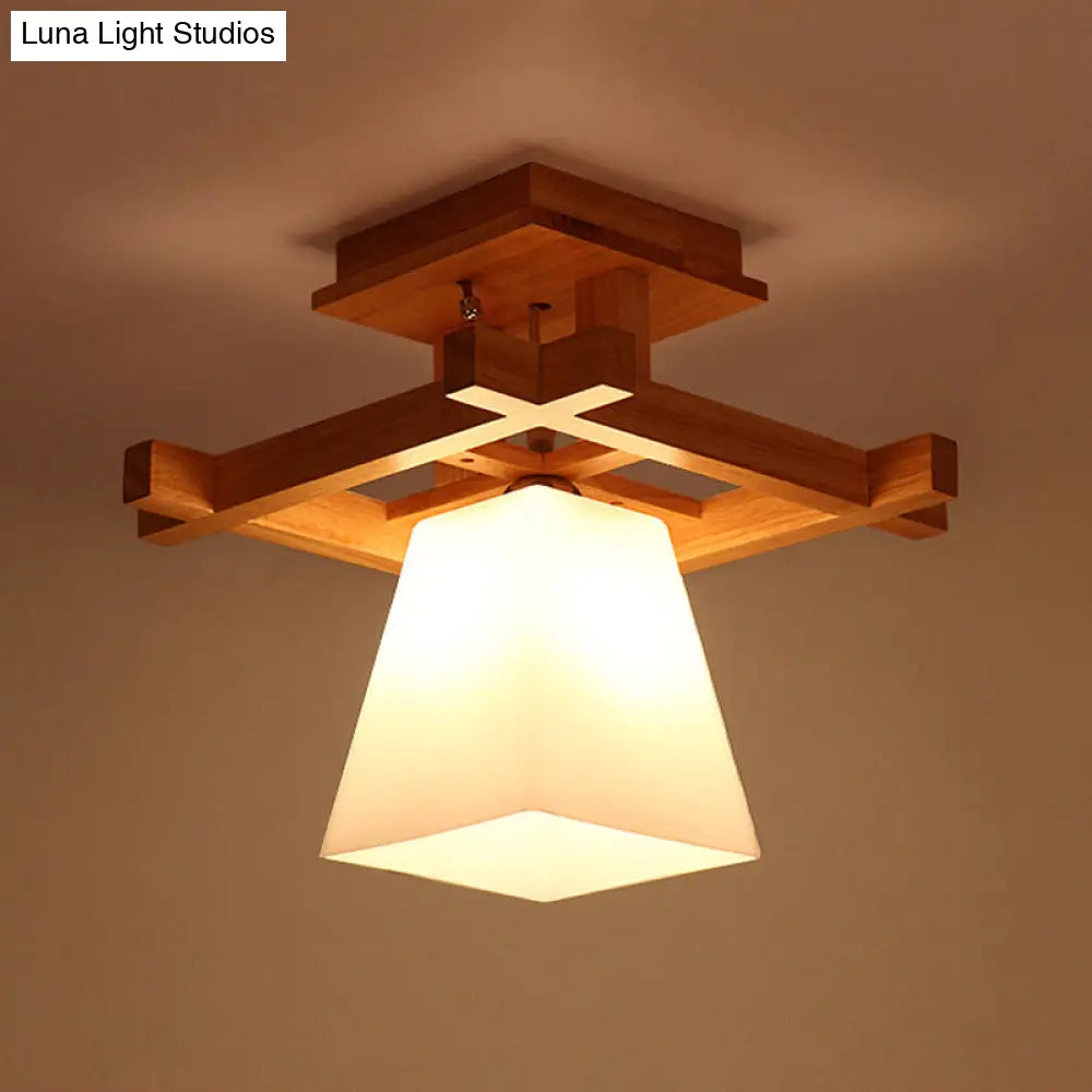 Nordic Wood Trapezoidal Ceiling Light: Single-Bulb Semi Flush Mount With White Glass - Perfect For