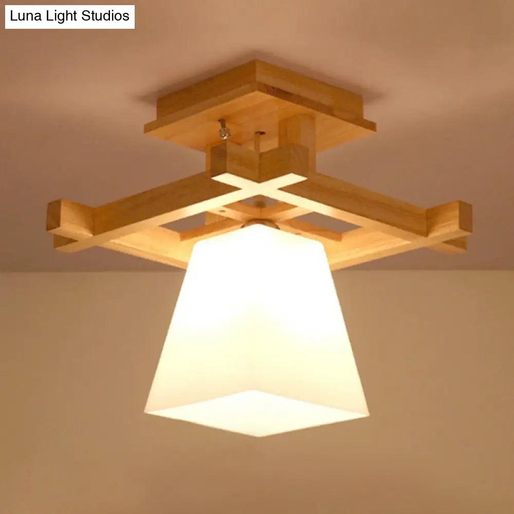 Nordic Wood Trapezoidal Ceiling Light: Single-Bulb Semi Flush Mount With White Glass - Perfect For