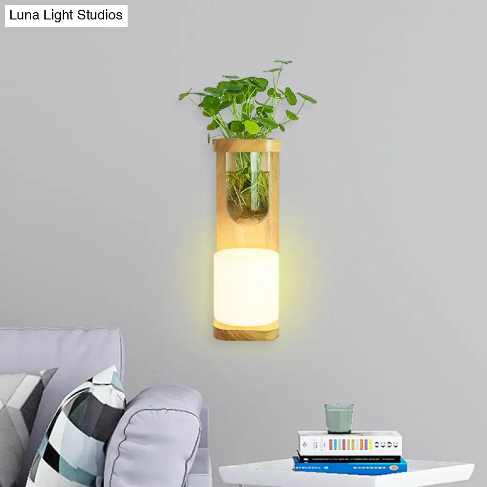 Nordic Wood Wall Sconce With Opal Glass Cylinder - 1-Head Light Fixture Featuring Clear Plant Cup