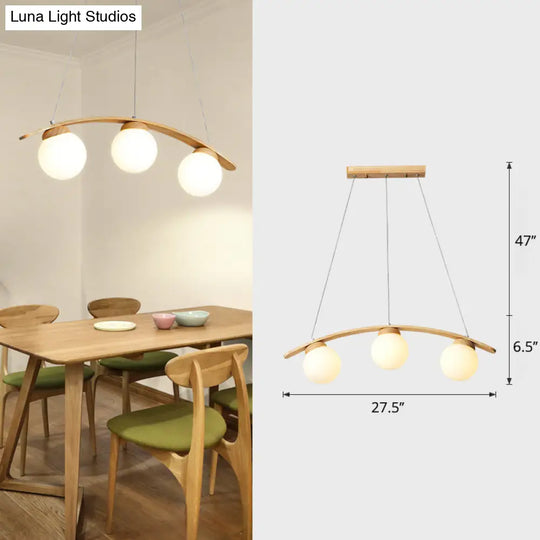 Nordic Wooden 3-Head Pendant Light With White Glass Shades - Arc Island Ceiling Lamp For Dining Room