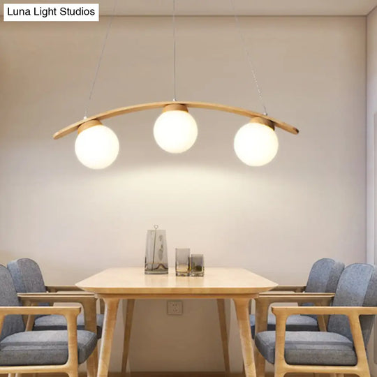 Nordic Wooden 3-Head Pendant Light With White Glass Shades - Arc Island Ceiling Lamp For Dining Room