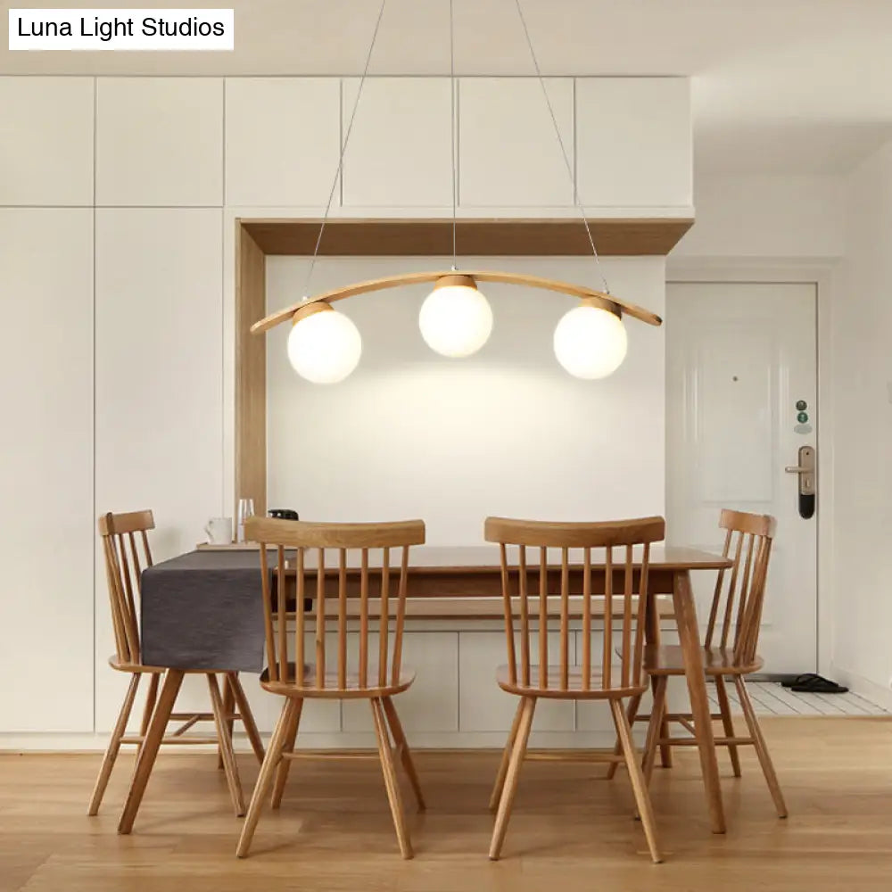 Nordic Wooden 3-Head Pendant Light With White Glass Shades - Arc Island Ceiling Lamp For Dining Room