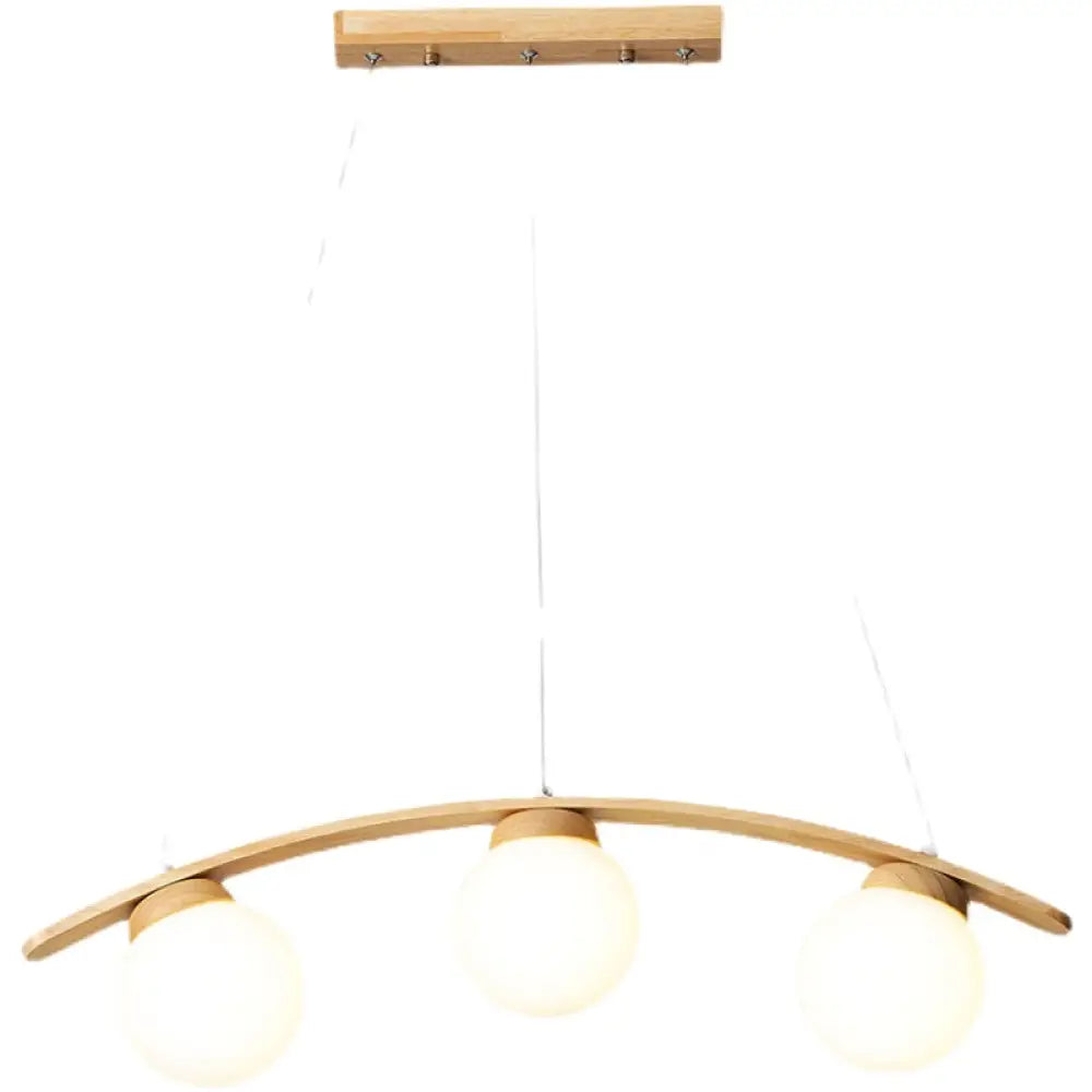 Nordic Wooden 3-Head Pendant Light With White Glass Shades - Arc Island Ceiling Lamp For Dining Room