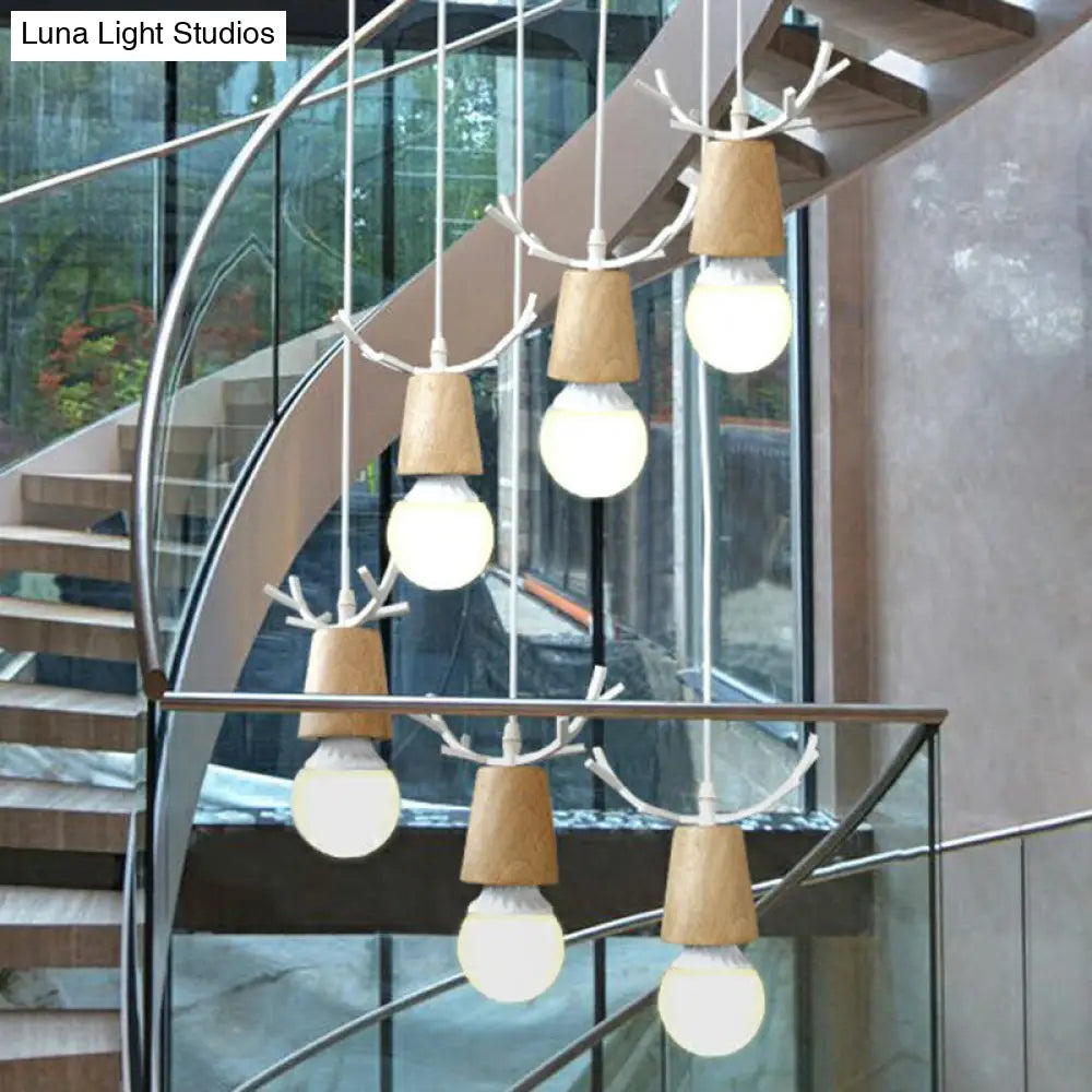 Nordic Wood Stair Ceiling Light With Antler Pendant & Bare Bulb Design 6 / White