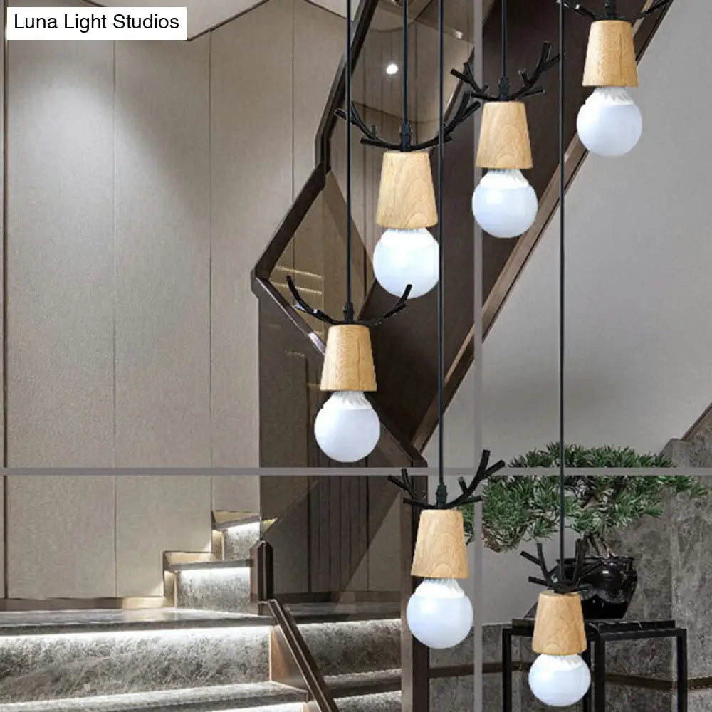 Nordic Wood Stair Ceiling Light With Antler Pendant & Bare Bulb Design 6 / Black