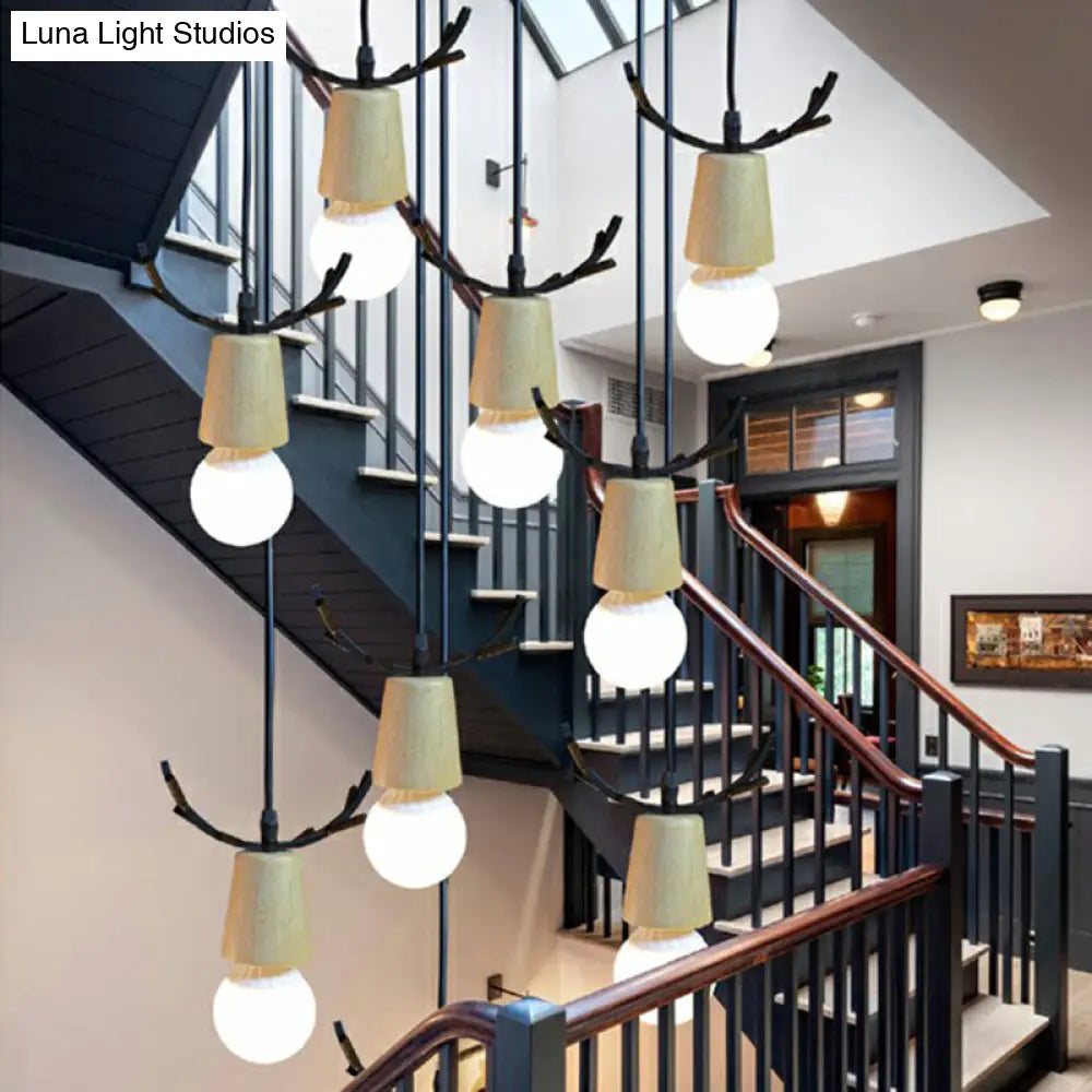 Nordic Wood Stair Ceiling Light With Antler Pendant & Bare Bulb Design 9 / Black