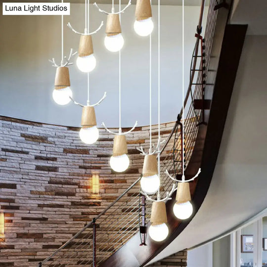 Nordic Wood Stair Ceiling Light With Antler Pendant & Bare Bulb Design 9 / White