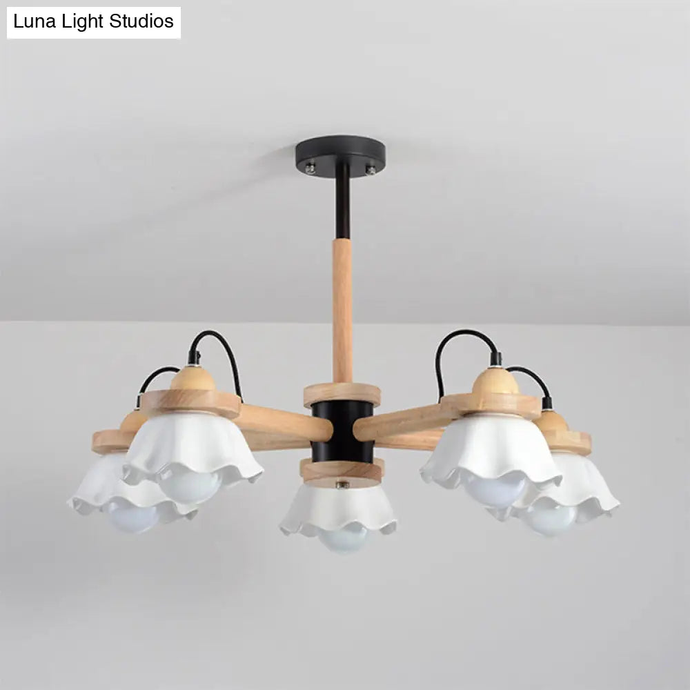 Nordic Wooden Drop Ceiling Light With White Scalloped Shades - Perfect For Living Room