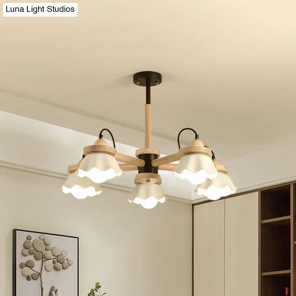 Nordic Wooden Drop Ceiling Light With White Scalloped Shades - Perfect For Living Room
