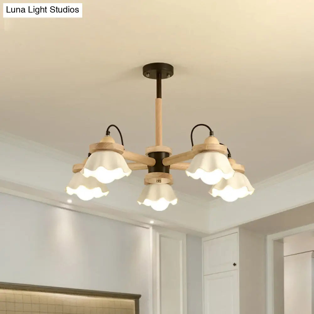 Nordic Wooden Drop Ceiling Light With White Scalloped Shades - Perfect For Living Room Black