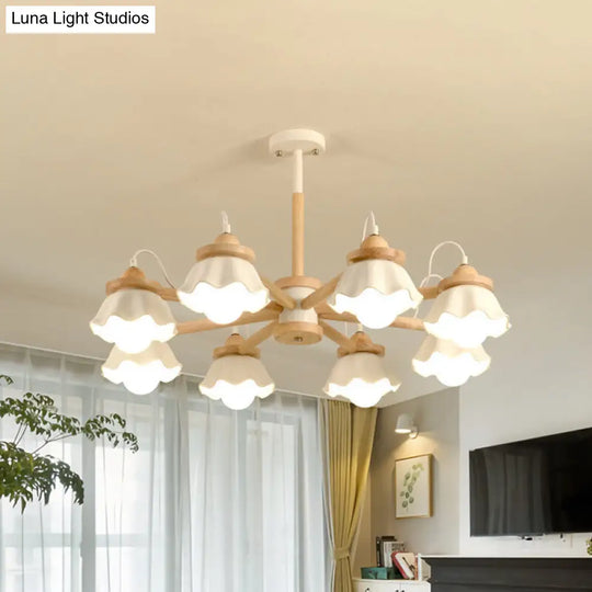 Nordic Wooden Drop Ceiling Light With White Scalloped Shades - Perfect For Living Room