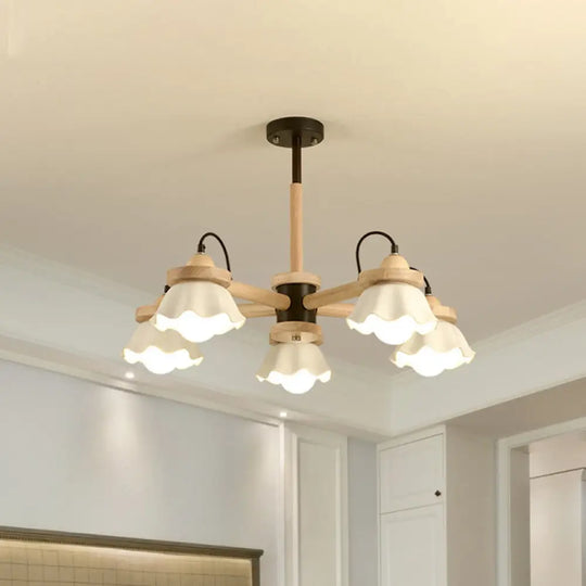 Nordic Wooden Chandelier With Scallop Shades - Perfect For Living Room Ceiling Lighting Black