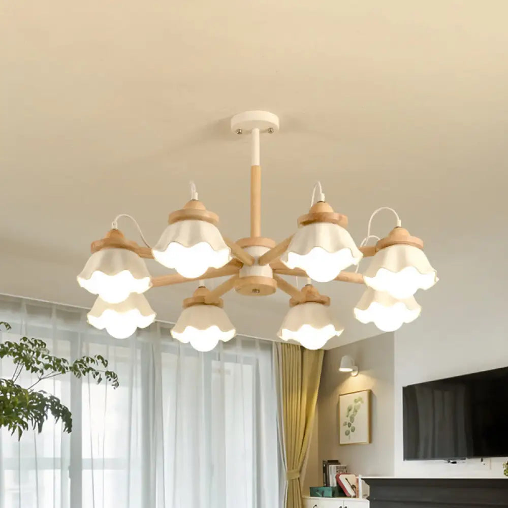 Nordic Wooden Chandelier With Scallop Shades - Perfect For Living Room Ceiling Lighting White
