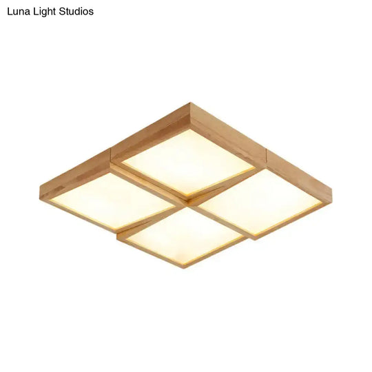 Nordic Wooden Checker Ceiling Light - Flush Mount Lamp (1/6/9-Light) In Beige For Living Room