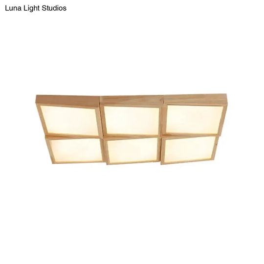 Nordic Wooden Checker Ceiling Light - Flush Mount Lamp (1/6/9-Light) In Beige For Living Room