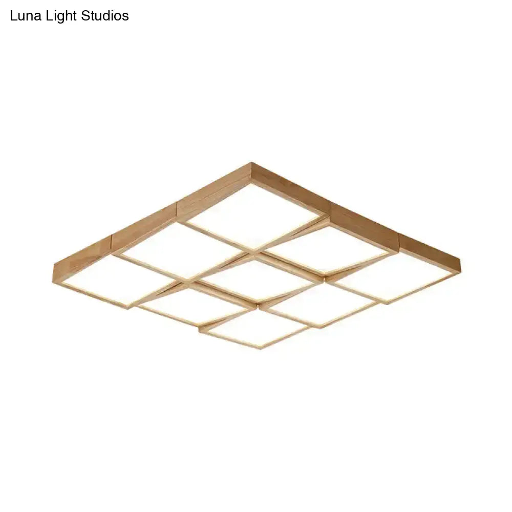 Nordic Wooden Checker Ceiling Light - Flush Mount Lamp (1/6/9-Light) In Beige For Living Room