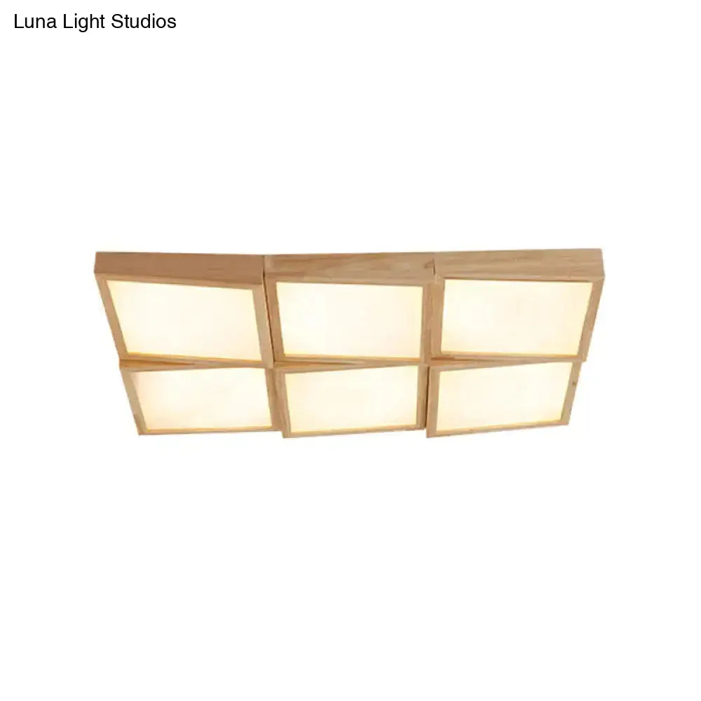 Nordic Wooden Checker Ceiling Light - Flush Mount Lamp (1/6/9-Light) In Beige For Living Room