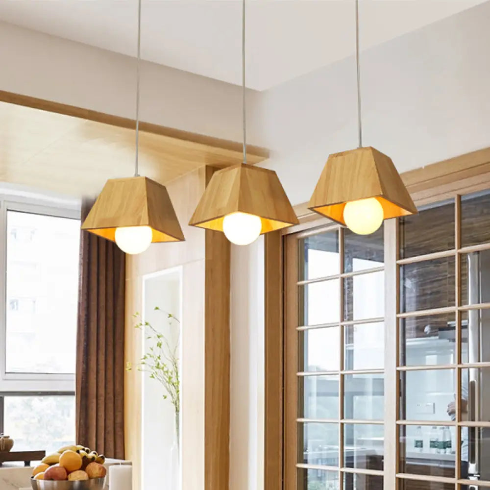 Nordic Wooden Dining Room Ceiling Light - Tapered Shape With 3 Led Pendant Lights Wood