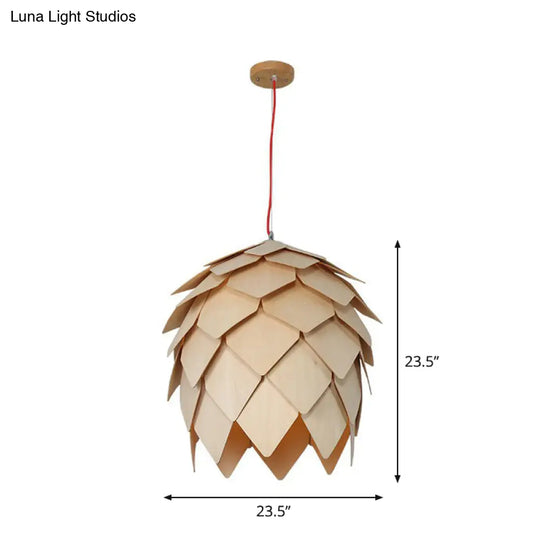 Nordic Wooden Hanging Lamp With Artichoke Design For Restaurants - 1 Head Pendant Light Fixture