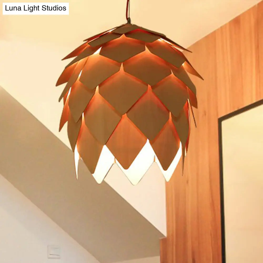 Nordic Wooden Hanging Lamp With Artichoke Design For Restaurants - 1 Head Pendant Light Fixture