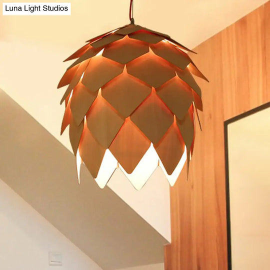 Nordic Wooden Hanging Lamp With Artichoke Design For Restaurants - 1 Head Pendant Light Fixture