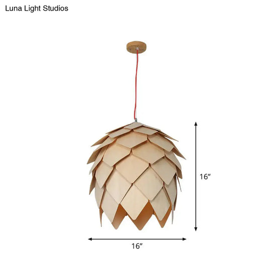 Nordic Wooden Hanging Lamp With Artichoke Design For Restaurants - 1 Head Pendant Light Fixture