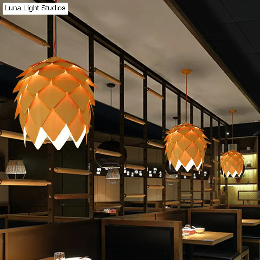 Nordic Wooden Hanging Lamp With Artichoke Design For Restaurants - 1 Head Pendant Light Fixture